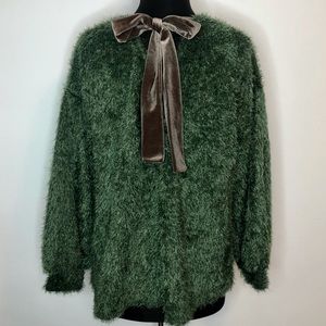 Velvet Back Tie Green Fuzzy Sweater
